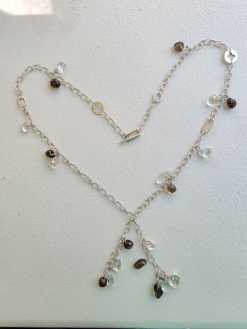 Sterling Silver Necklace with Clear and Smoky Brown Bead Drops • 34.84g